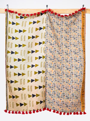 Golden Olive Courtyard Throw Kantha Quilt