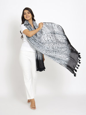 Indus ~ Black & White Designer Shibori Silk Scarf for Women