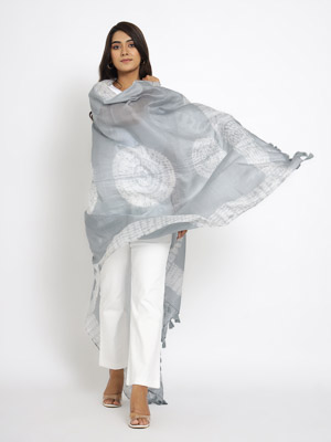 Onyx ~ Grey Silver Designer Shibori Silk Scarf for Women