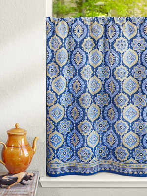 Istanbul ~ Moroccan Boho Style Navy Blue & Gold Kitchen Curtain
