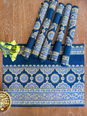 Istanbul ~ Moroccan Boho Style Navy Blue & Gold Placemats