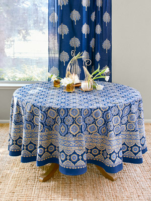 Istanbul ~ Moroccan Boho Style Navy Blue & Gold Round Tablecloth