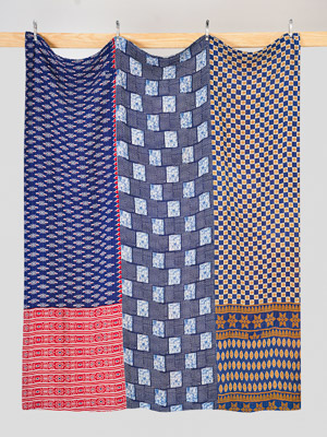 Indigo Crimson Geometric Kantha Quilt Queen