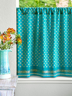Jeweled Peacock ~Turquoise Blue Gold Kitchen Cafe Curtain