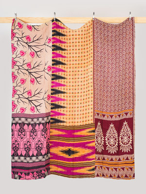 Magenta Lotus Courtyard Queen Kantha Quilt