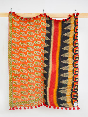 Saffron Stripe Vintage Sari Kantha Throw