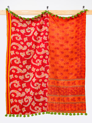 Vermilion Romance Throw Kantha Quilt