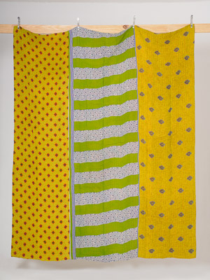 Citron Lime Gray Stripe Queen Kantha Bedspread