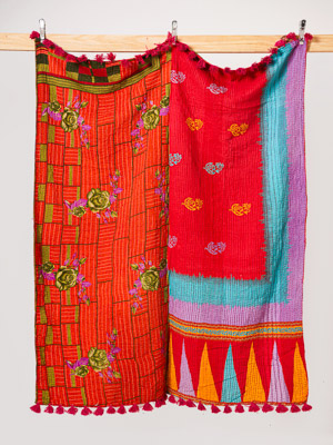 Coral Tide Kantha Throw Quilt
