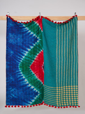 Teal Mirage Vintage Sari Kantha Throw