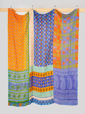 Blue Marigold Courtyard Queen Kantha Quilt