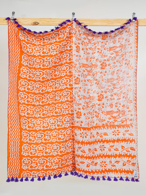 Saffron Courtyard Vintage Sari Kantha Throw