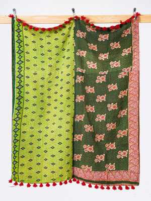 Verdant Garden Lime & Rose Throw Kantha Quilt