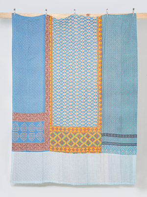 Azure Saffron Courtyard King Kantha Quilt