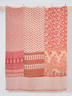 Coral Rose Garden King Kantha Quilt