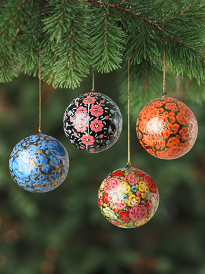 Midnight Blooms Quartet ~ Hand Painted Paper Mache Ornaments