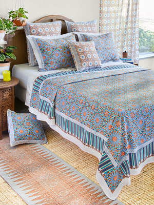 Mosaique Bleue - Earth ~  Moroccan Tile Print Blue Bedspread
