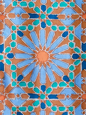 Mosaique Bleue - Earth ~ Blue Orange Fabric With Geometric Print