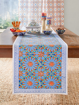 Mosaique Bleue - Earth ~  Moroccan Tile Print Blue Table Runner