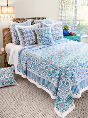 Mosaique Bleue - Sky ~ Moroccan Tile Print Blue Boho Bedspread