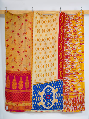 Ivory Saffron Magenta Sun Palace Queen Kantha Quilt