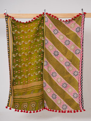 Olive Blossom Meadow Kantha Throw