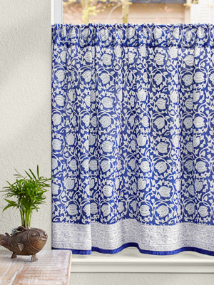 Midnight Lotus ~ Unique Asian Blue Floral Kitchen Curtain