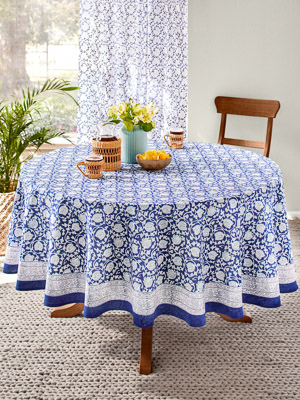 Midnight Lotus ~ Asian Blue Floral Banquet Round Tablecloth