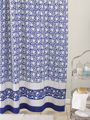 Midnight Lotus ~ Unique Asian Floral Blue Fabric Shower Curtain