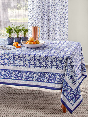 Midnight Lotus ~ Asian Oriental White Floral Blue Tablecloth