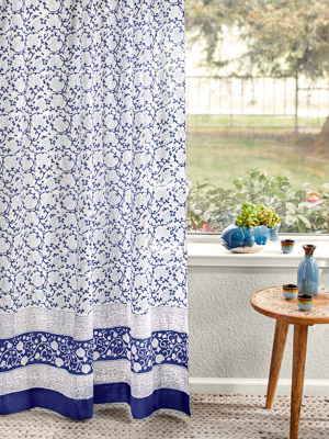 Midnight Lotus (CP) ~ Unique Asian Blue Floral Curtain Panel