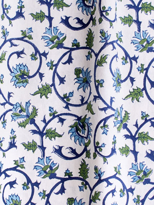 Moonlit Taj ~ White Fabric With Blue and Green Vine Indian Print