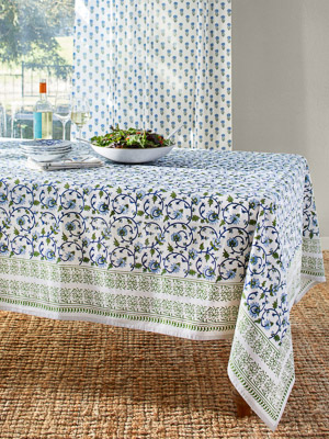 Moonlit Taj ~ Elegant Floral Turquoise Indian Tablecloth