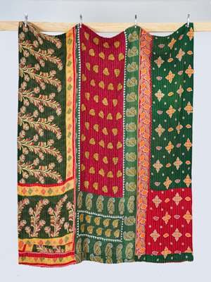 Saffron Ruby Courtyard Queen Kantha Quilt