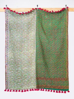 Emerald Garden Throw Kantha Quilt