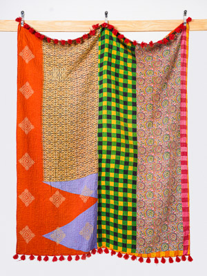 Heirloom Bazaar Orange & Emerald Throw Kantha Quilt