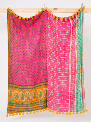 Pink Lagoon Vintage Sari Kantha Throw