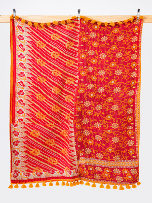Scarlet Palace Floral Throw Kantha Quilt