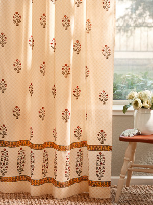 Red Poppy ~ Indian Floral Sheer Yellow Curtain Panel