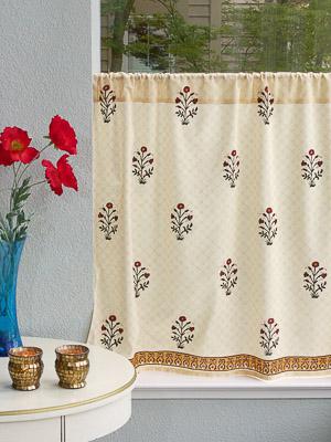 Red Poppy ~ Elegant Indian Flower Print Kitchen Curtain