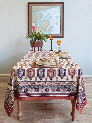 Samarkand ~ Kilim Inspired Tribal Motifs Blue Orange Tablecloth