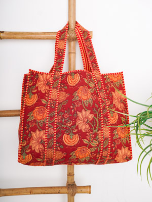 Sangria Blooms ~ Quilted Cotton Shopping Tote Bag