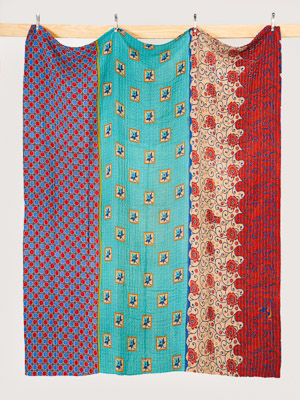 Ruby Peacock Courtyard Queen Kantha Quilt