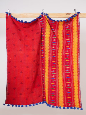 Crimson Festival Stripe Kantha Throw Quilt