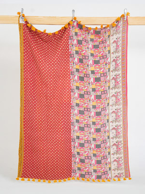 Coral Blossom Vintage Sari Kantha Throw