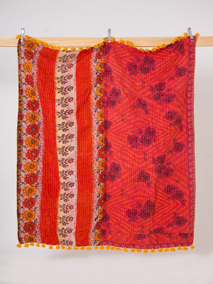 Coral Bazaar Bloom Kantha Throw Quilt