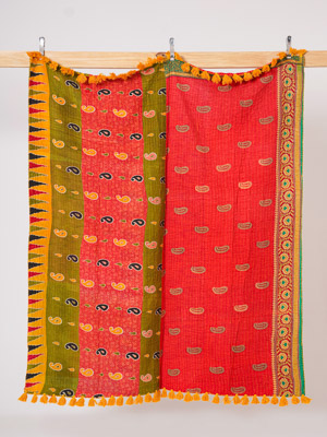 Coral Courtyard Bazaar Kantha Throw Quilt