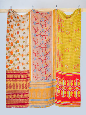 Golden Garden Motif Queen Kantha Quilt