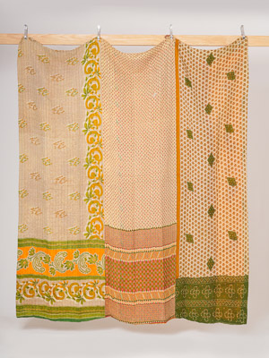 Ivory Peach Green Jasmine Queen Kantha Quilt