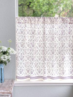 Victorian Lilac Ivory ~ Purple Floral Boho White Kitchen Curtain